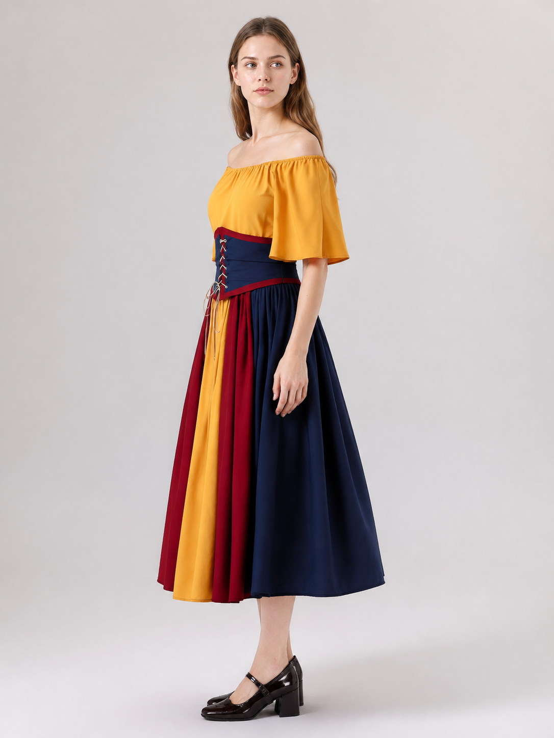 Carnival Dress with Corset Belt and Off-the-Shoulder Design side view