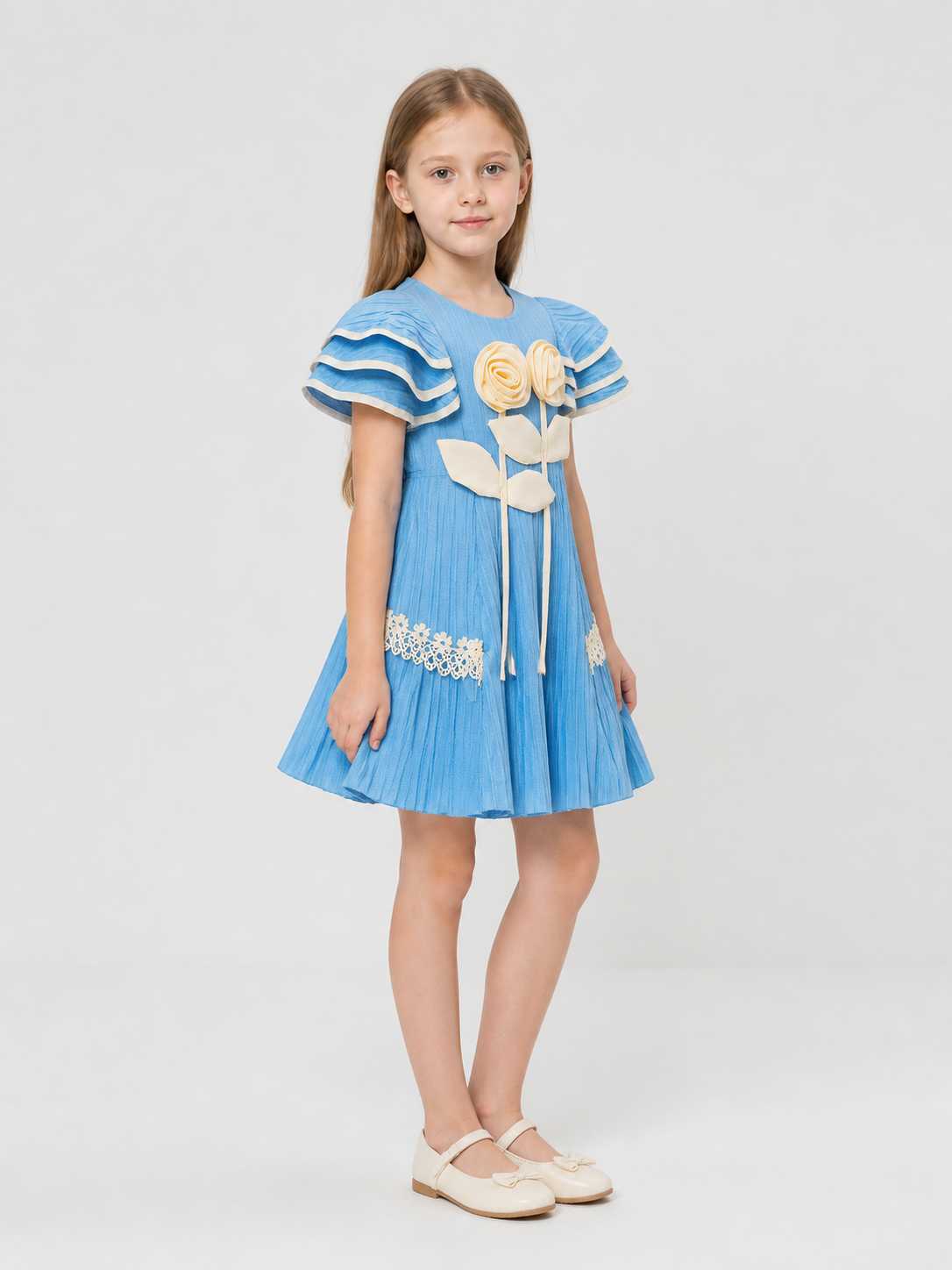 Girls' Dressy Dress with Pleats and Flowers side view