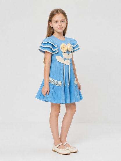 Girls' Dressy Dress with Pleats and Flowers side view