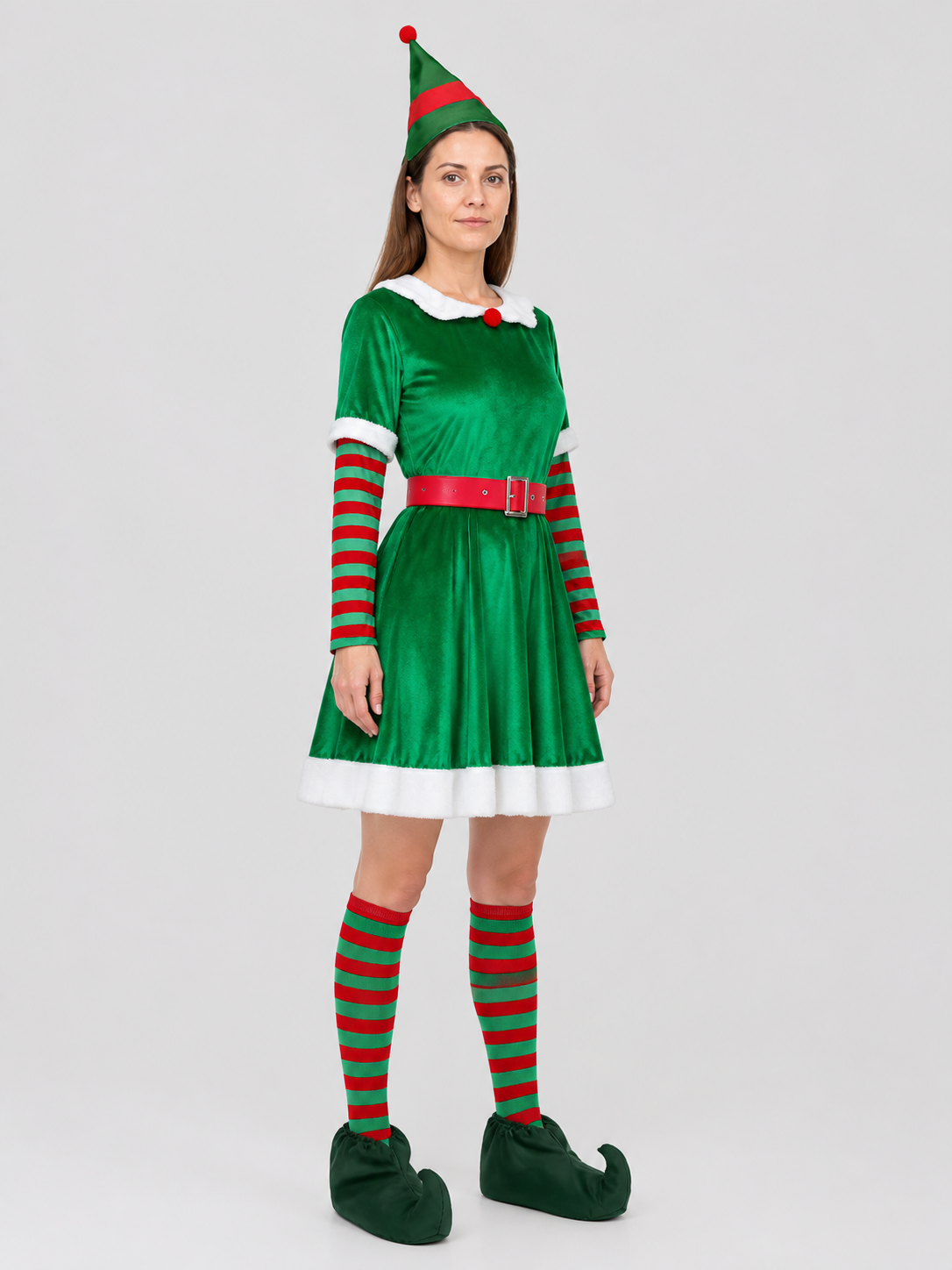 Christmas Elf Costume: Dress, Hat, and Accessories side view