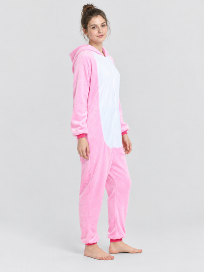 Pink and White Flannel Hooded Pajama Jumpsuit