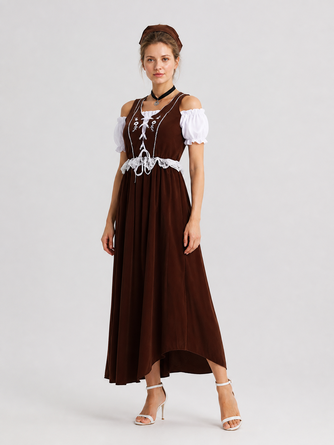 Long Brown and White Cosplay Dress with Lace side view