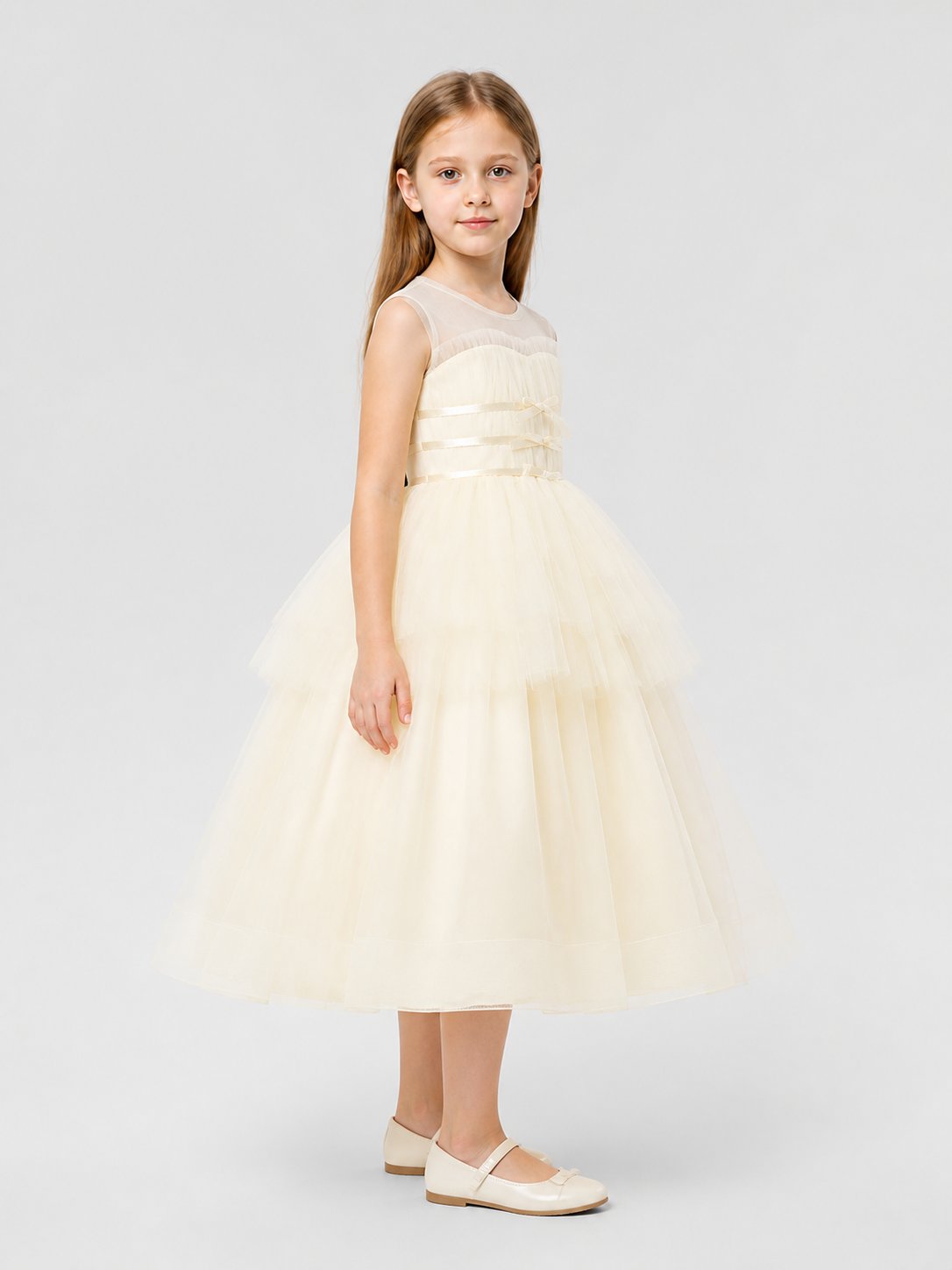 Long Layered Tulle Princess Dress with Bow side view