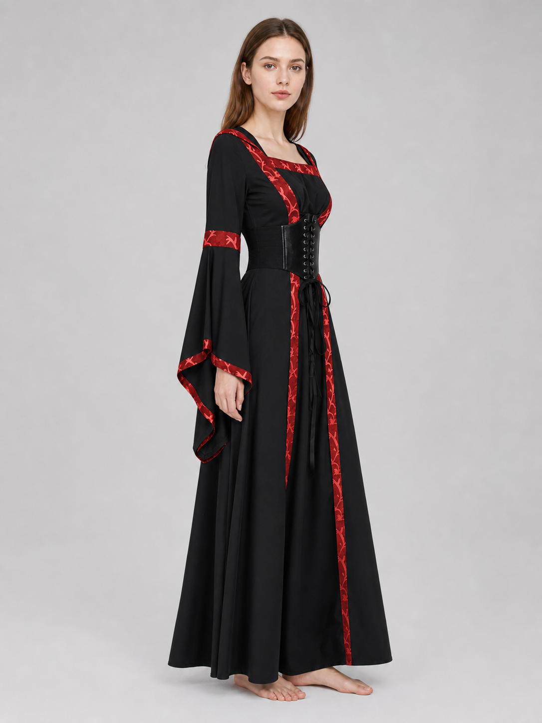 Black Gothic Hooded Dress with Lace-Up Detail