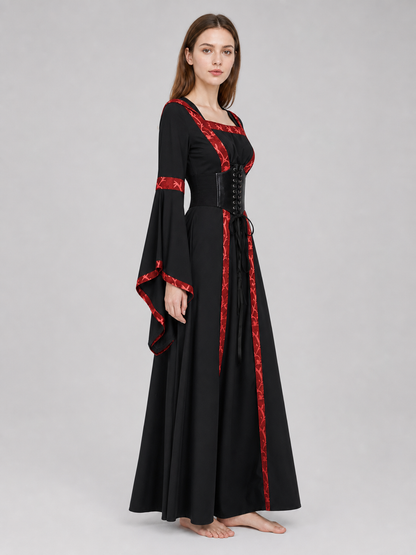 Black Gothic Hooded Dress with Lace-Up Detail