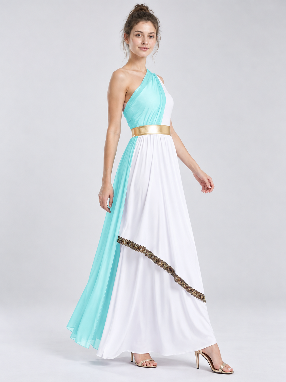 Floor-Length Dress with Turquoise Draping and Gold Belt