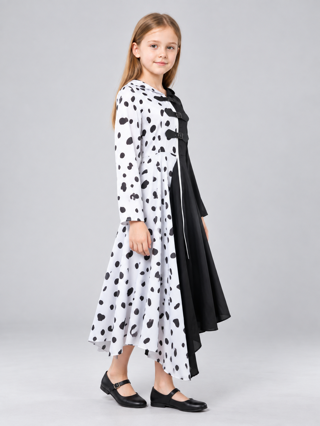 Cruella Costume Dress with a Black-and-White Pattern side view