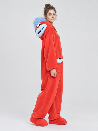 Red Fleece Pajama Jumpsuit with Cartoon Face