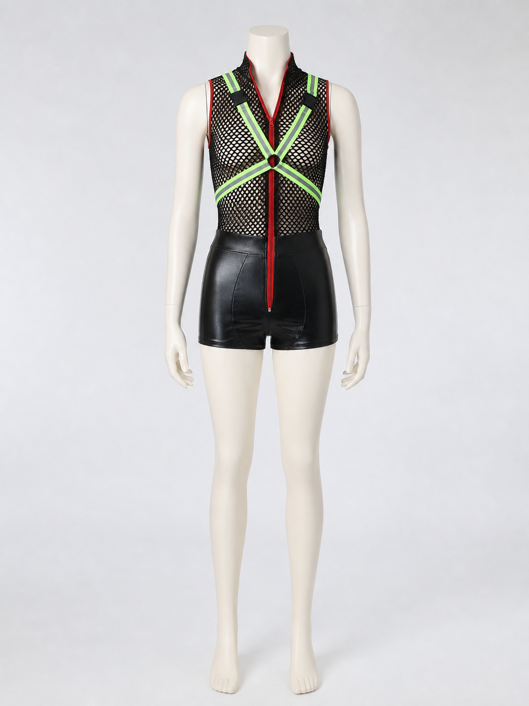 This one-piece romper is designed in the style of a costume for themed parties and cosplay looks. It features a sleeveless, open design, a black mesh upper section with a noticeable texture, and black shorts on the lower section. A red zipp