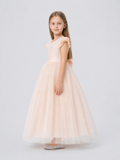 Dressy Long Princess Dress with Bow and Tulle side view