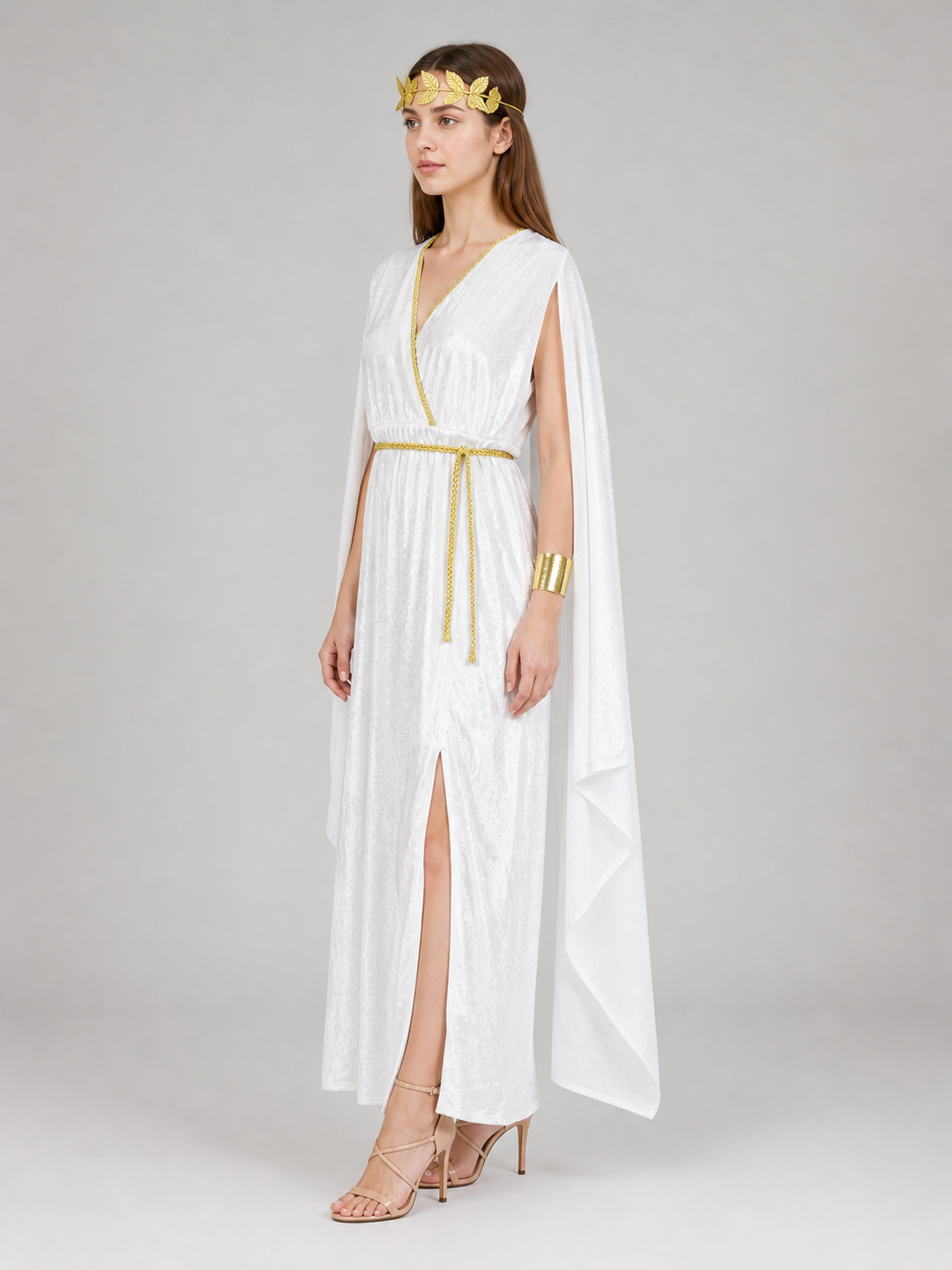 Women’s Greek Goddess Costume Dress, 4-Piece White Draped Outfit with Cape Panels, Leaf Crown Headband and Gold Wrist Cuffs for Cosplay Parties