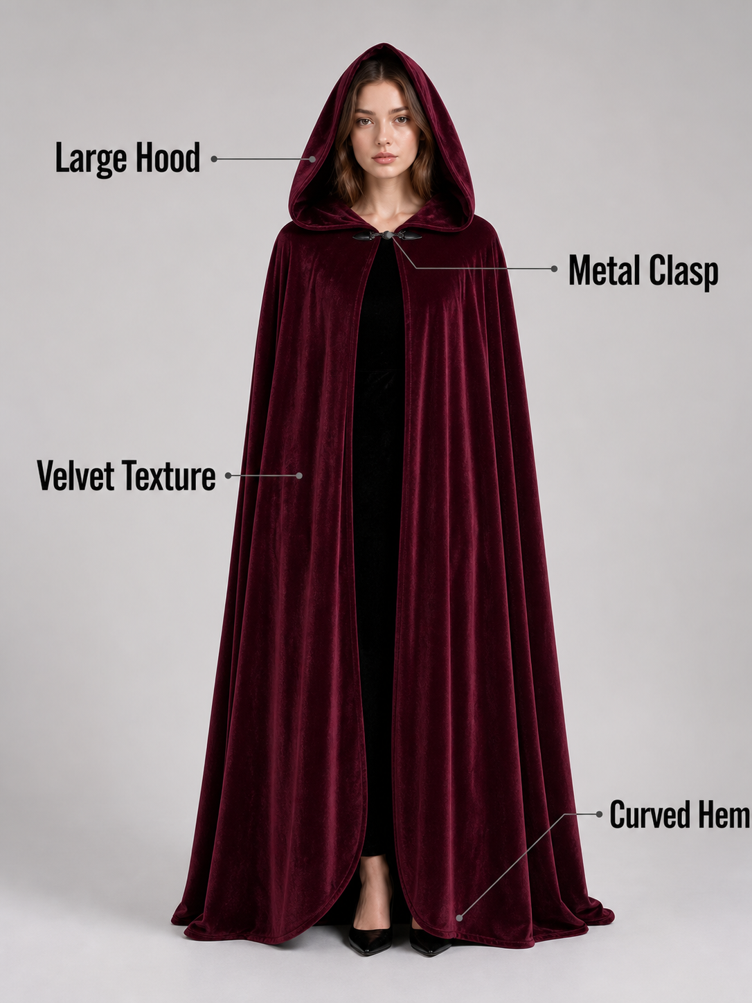 Burgundy Long Carnival Cloak with Hood