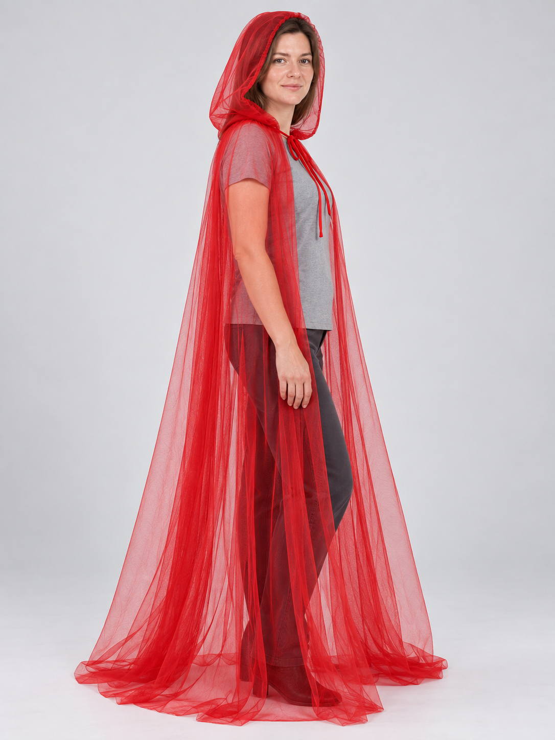 Long red sheer mesh hooded cape cloak