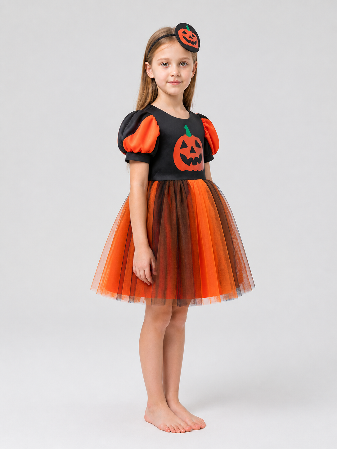 Halloween Pumpkin Dress with Headband, Full Skirt