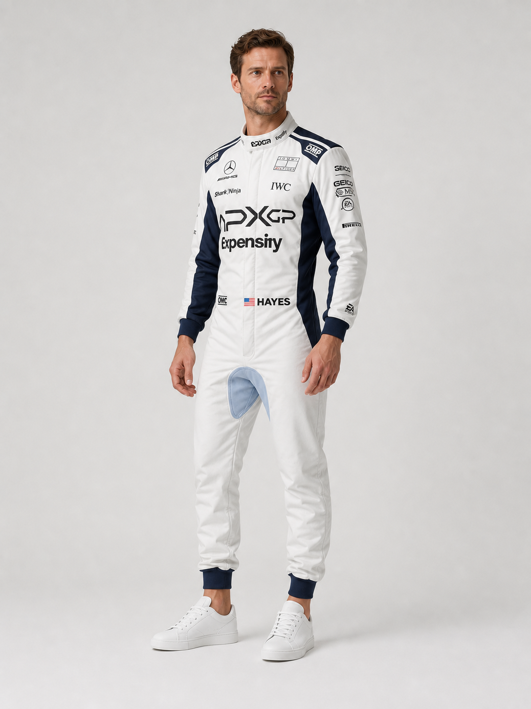 White and Navy Blue Racing Jumpsuit for Cosplay, Costume side view