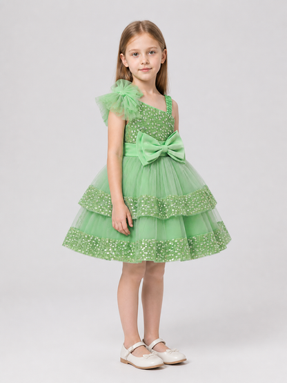 Girls’ Green Sequin Princess Dress with Bows