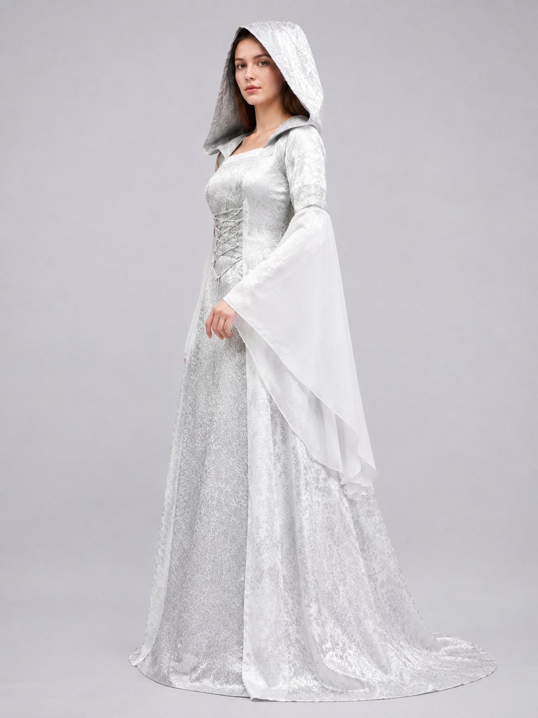 White Medieval Hooded Dress for Cosplay side view