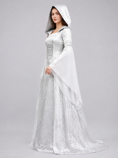 White Medieval Hooded Dress for Cosplay side view
