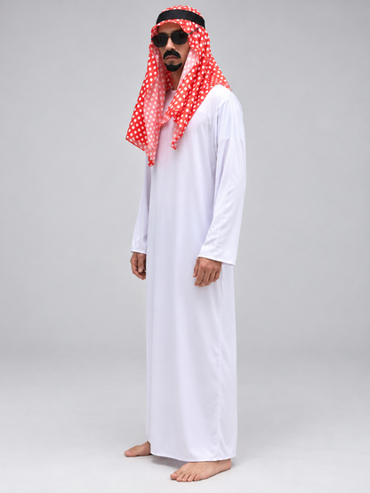Arab Sheikh Costume with White Robe and Red Headscarf