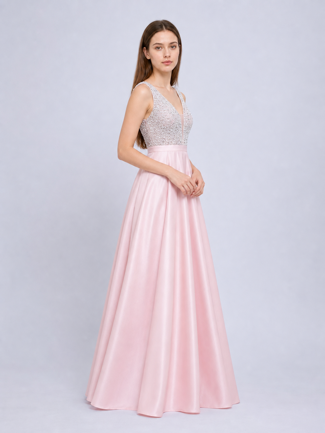 Floor-Length Evening Dress with a Deep V-Neckline