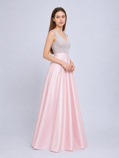 Floor-Length Evening Dress with a Deep V-Neckline