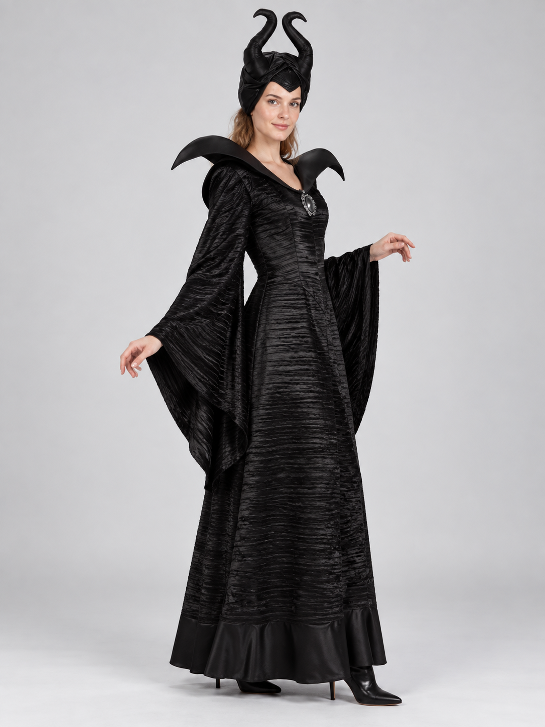 Black Witch Halloween Costume with Horns and Brooch