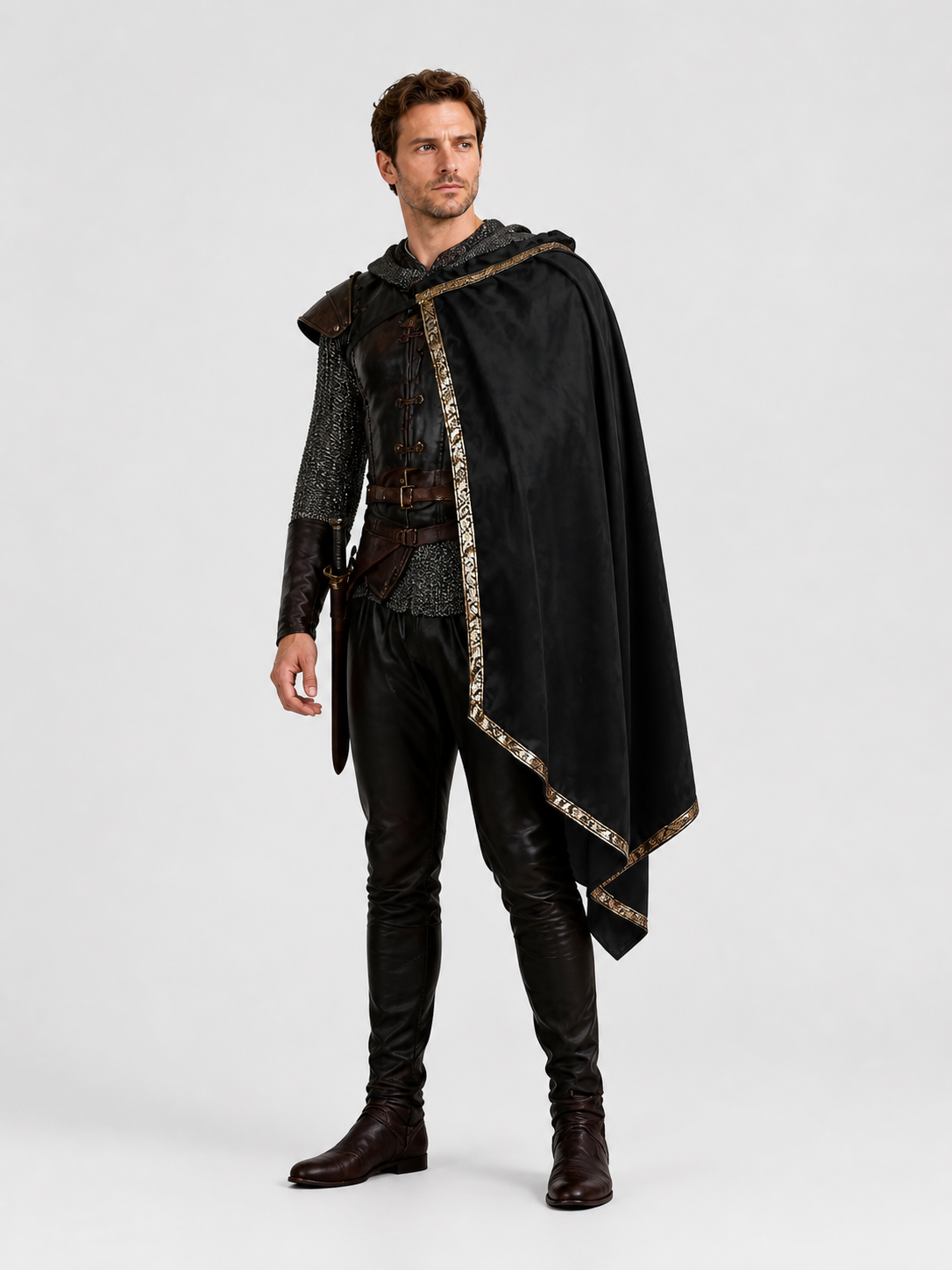 Black Medieval Costume with Asymmetrical Cape