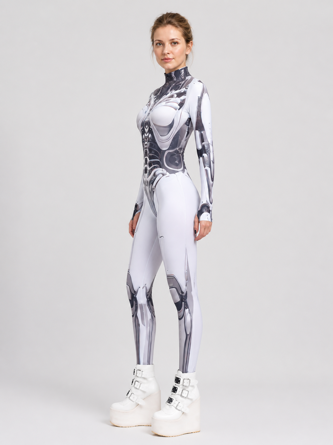 Cyberpunk Robot Jumpsuit with Mechanical Skeleton side view