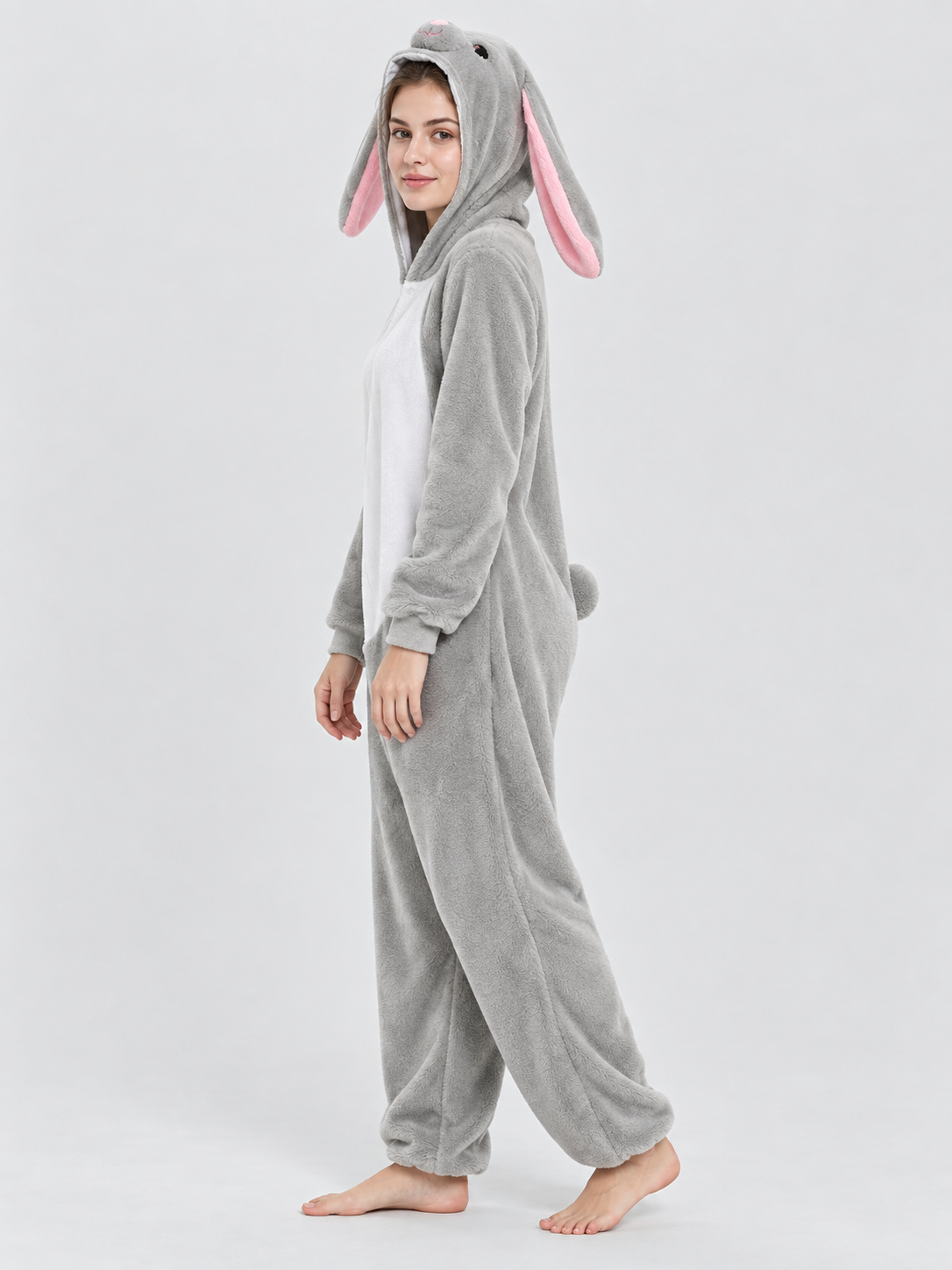 Gray Pajama Jumpsuit with Hood and Bunny Ears