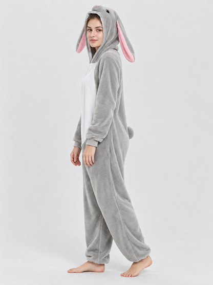 Gray Pajama Jumpsuit with Hood and Bunny Ears