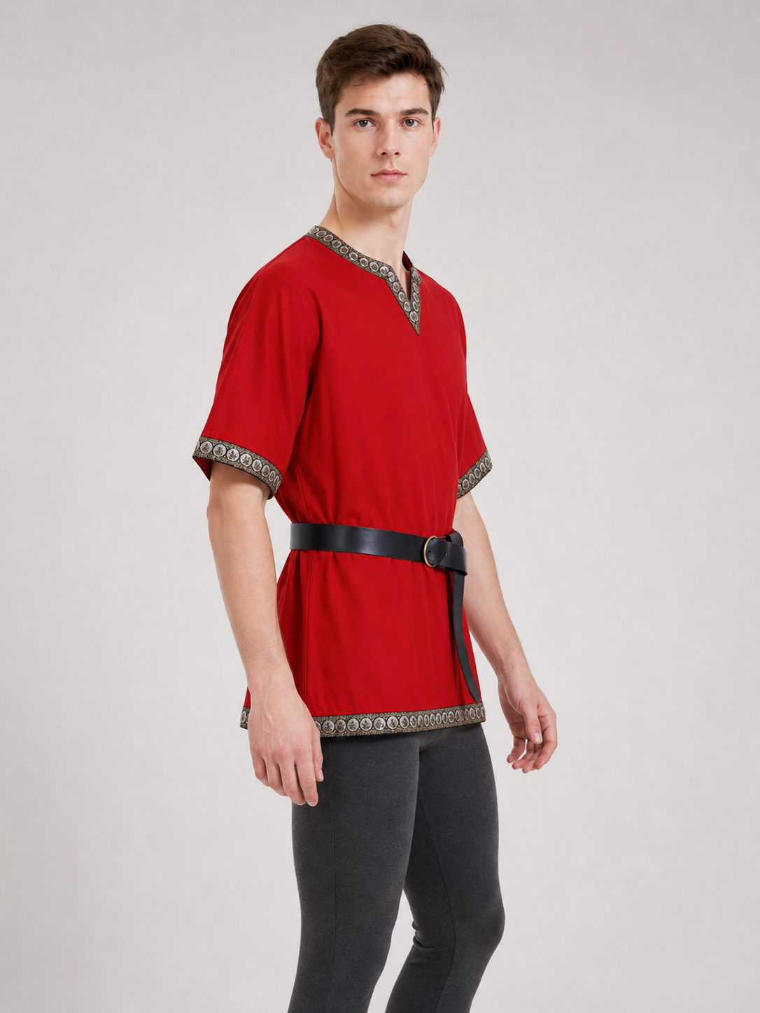 Red Tunic with Belt and Medieval-Style Trim