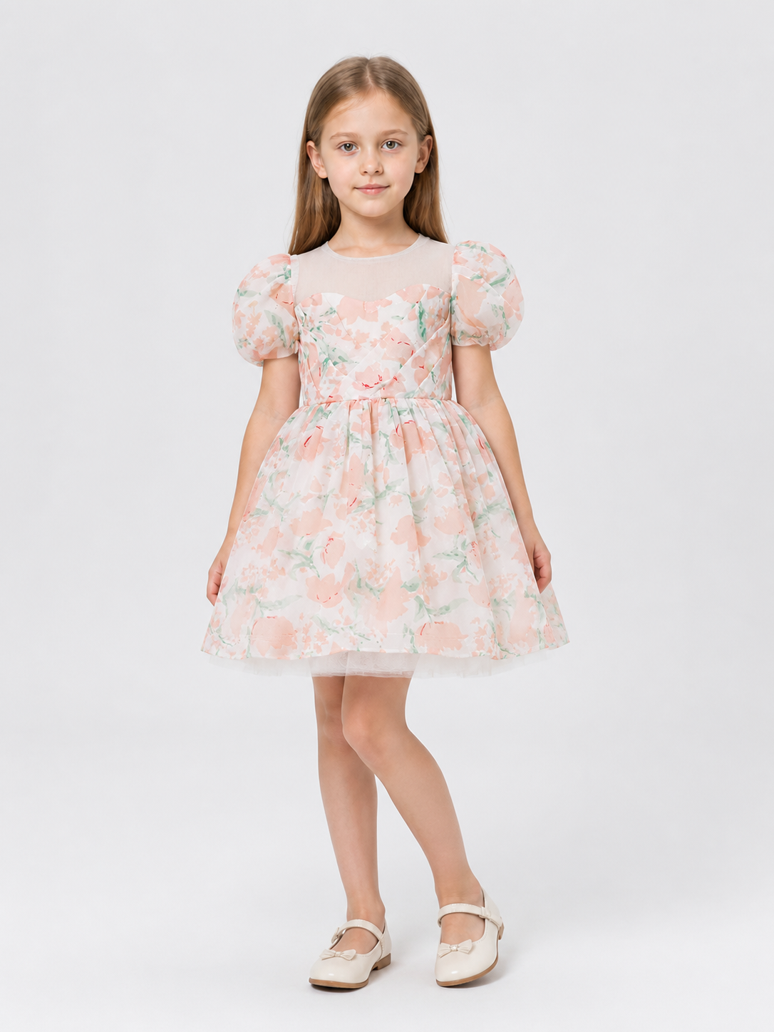 Princess Dress for Girls with Floral Print and Bow
