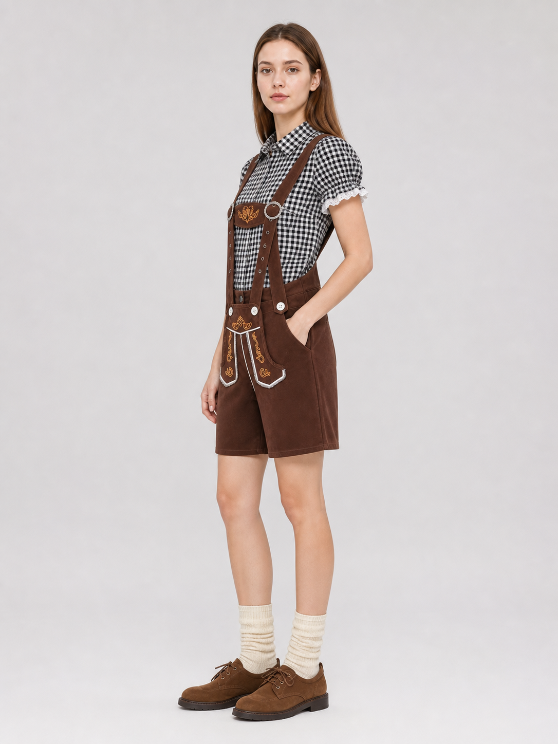 Shirt and Brown Suspender Shorts Set