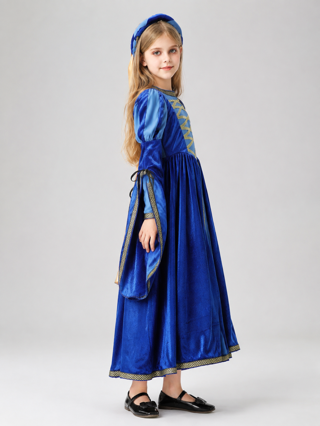 Children's velvet carnival dress with headpiece side view