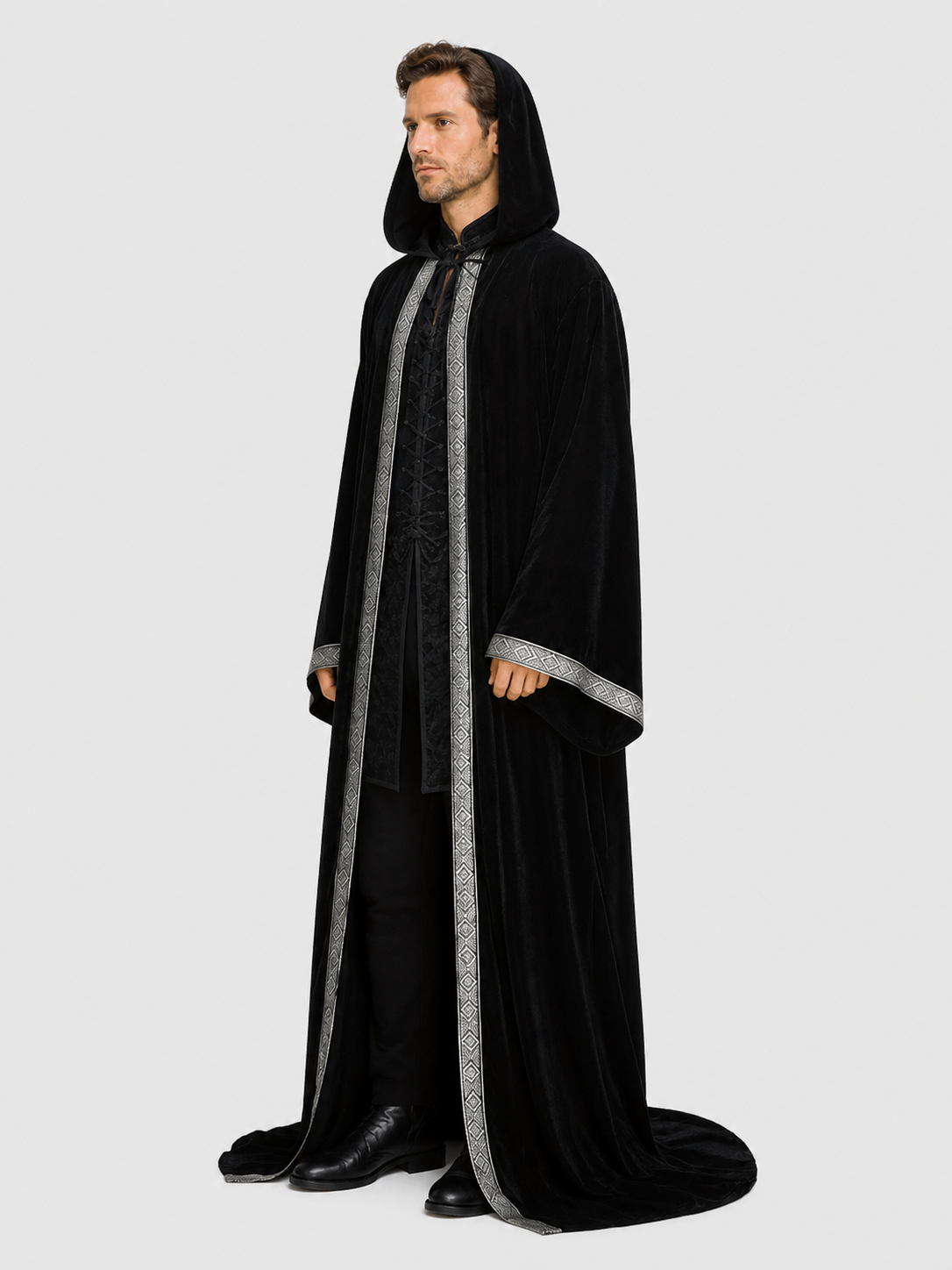 Black Hooded Halloween Cloak with Silver Trim