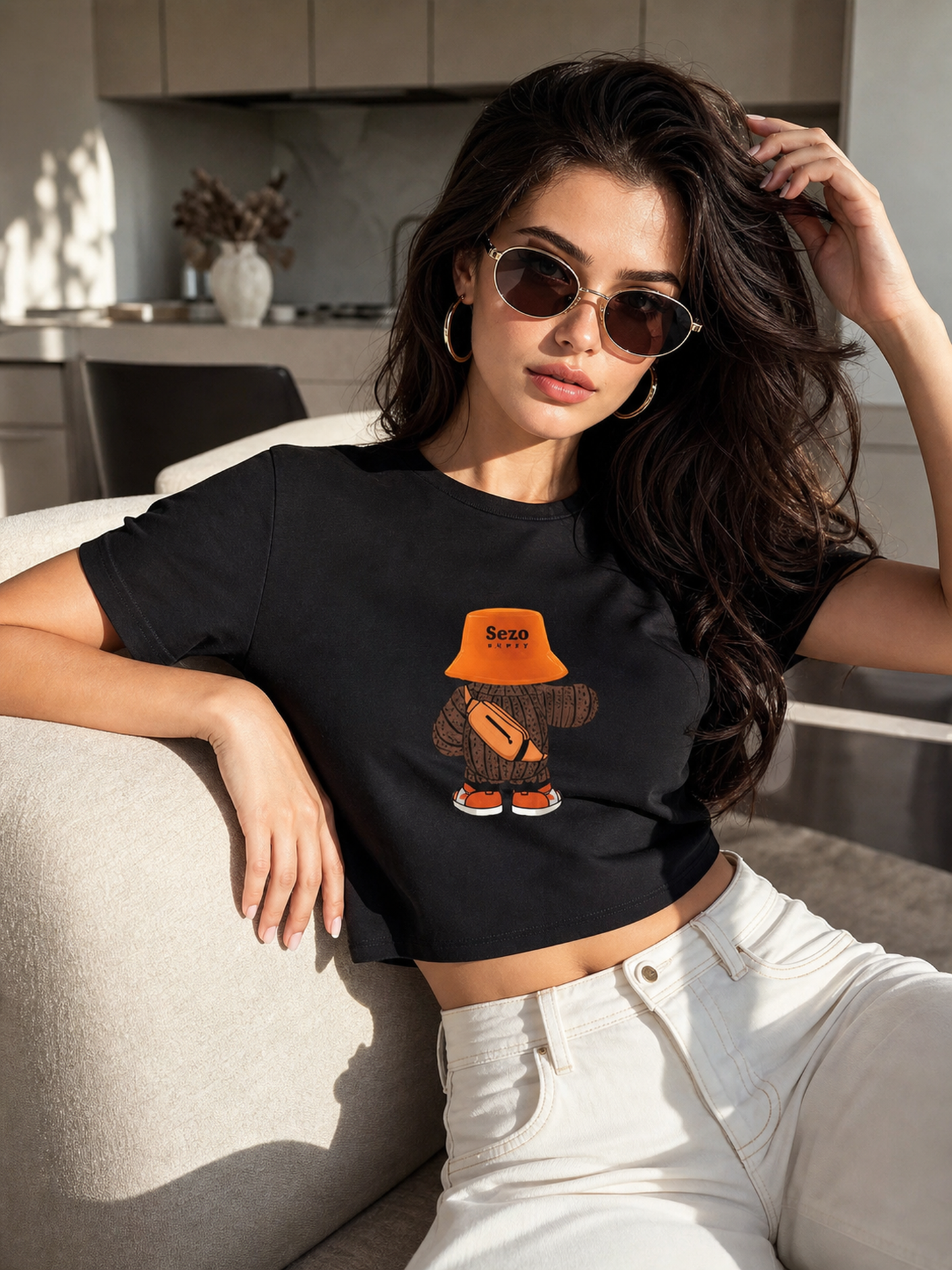 Women's Black Cropped Printed T-Shirt
