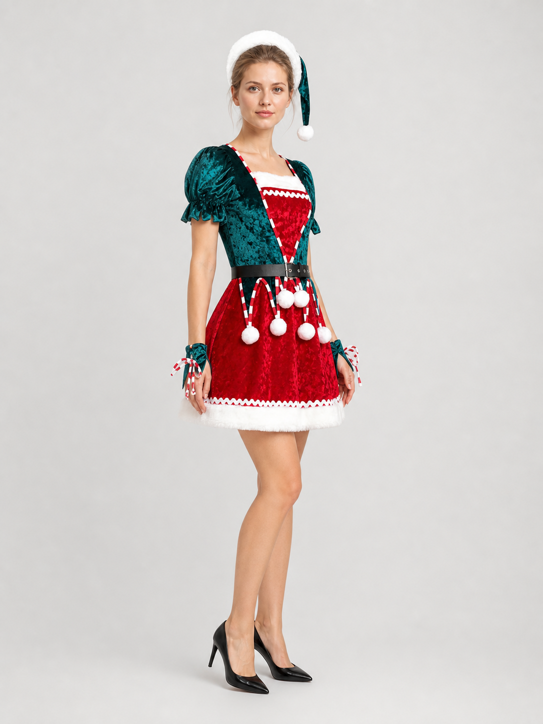 New Year's Costume Dress in Red and Green with White Fur side view