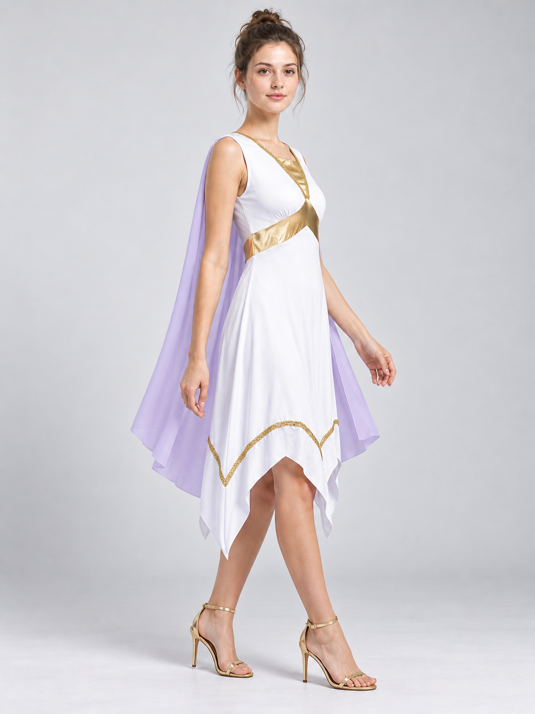 White dress with asymmetrical hem and gold trim