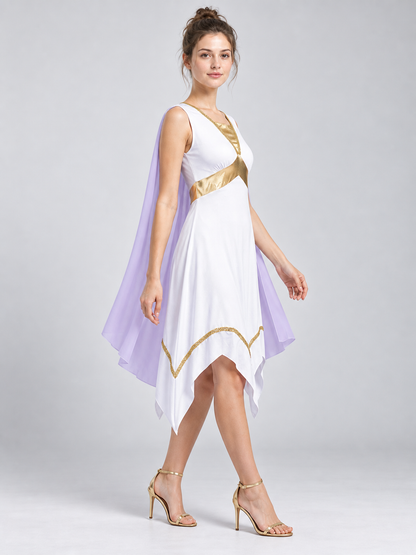 White dress with asymmetrical hem and gold trim