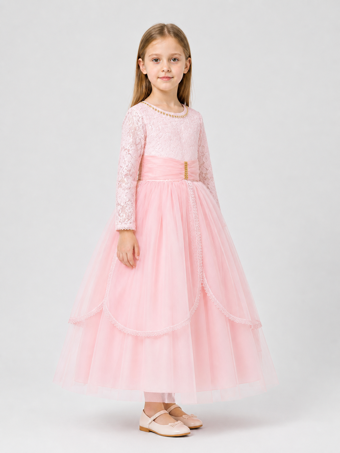 Girls' Pink Lace Dress with a Full Skirt