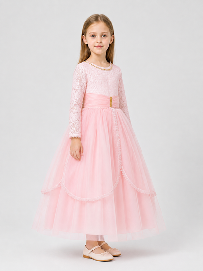 Girls' Pink Lace Dress with a Full Skirt