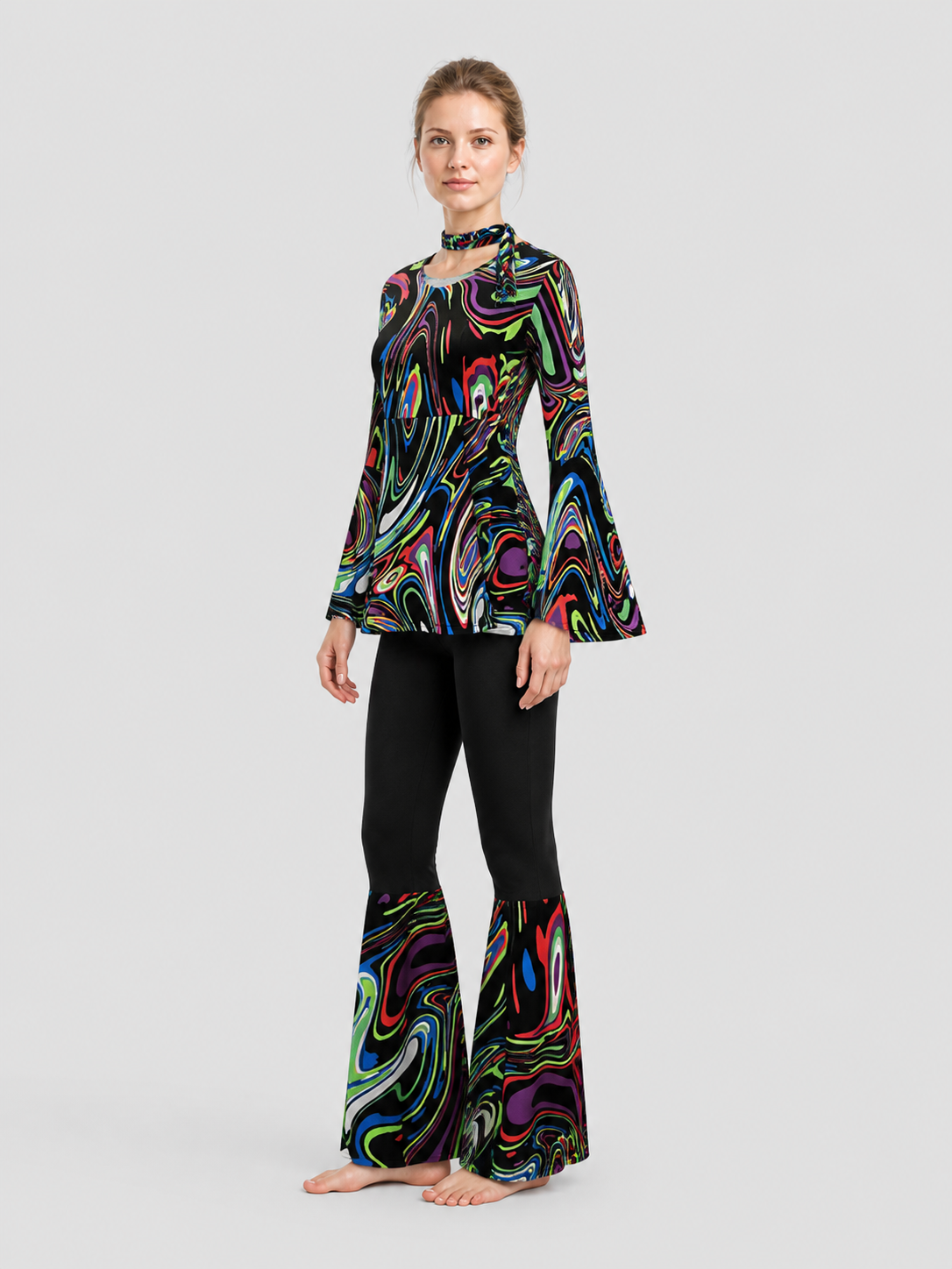 Disco Costume with Psychedelic Print, Flared Pants side view