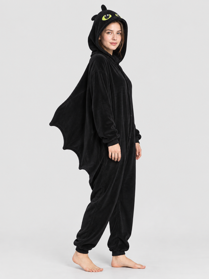 Black Fleece Hooded Pajama Jumpsuit with Wings