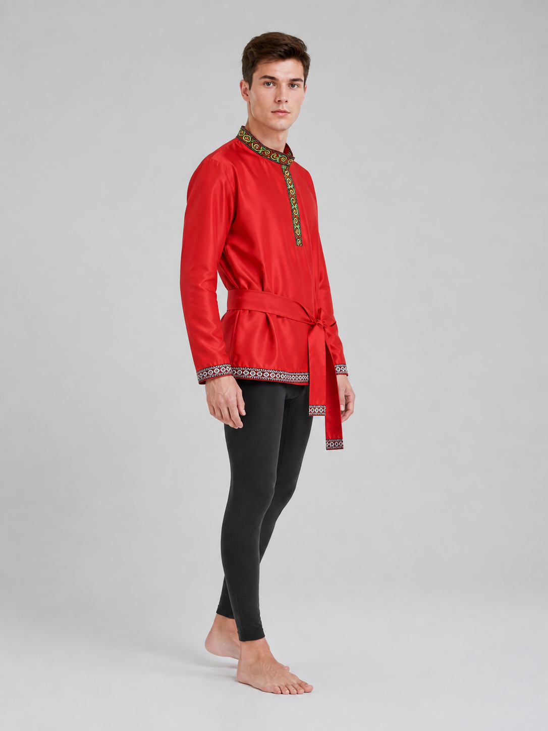 Embroidered Tunic with Stand Collar and Belt