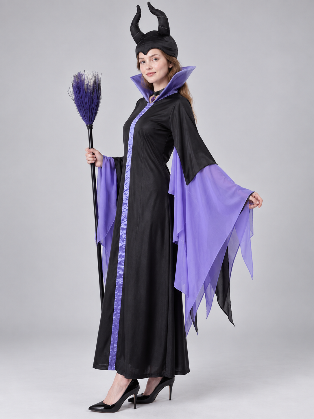Vampire Halloween Costume with Horns and Broom