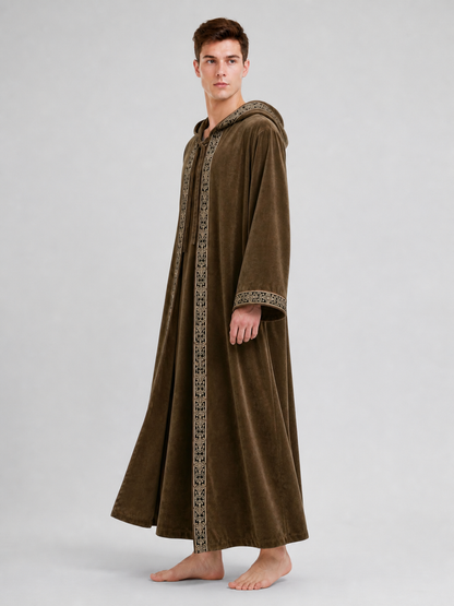 Long Hooded Robe, Brown, Loose Fit side view 6