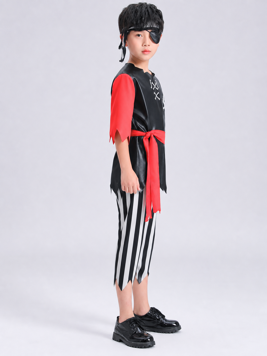 Pirate Costume with Striped Shirt, Eye Patch, and Wig