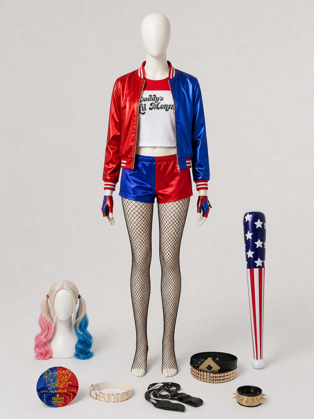 Harley Quinn Cosplay Costume: Jacket, Shorts, and Wig side view