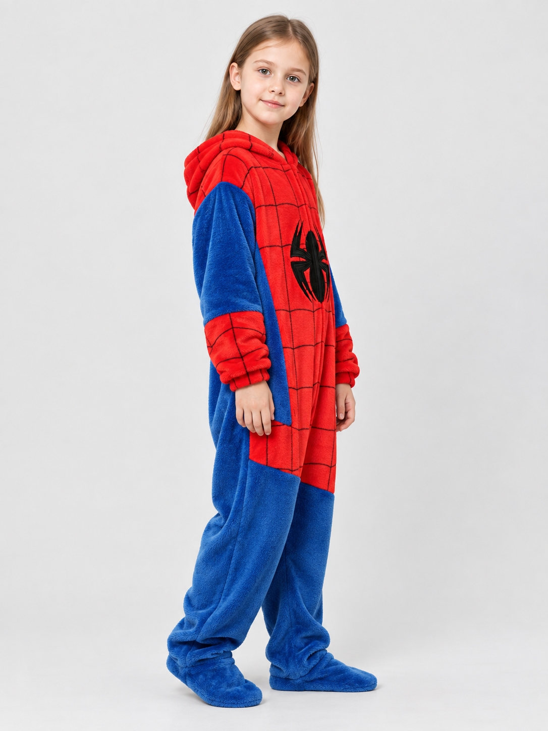 Red and Blue Fleece Pajama Jumpsuit with Spider Print