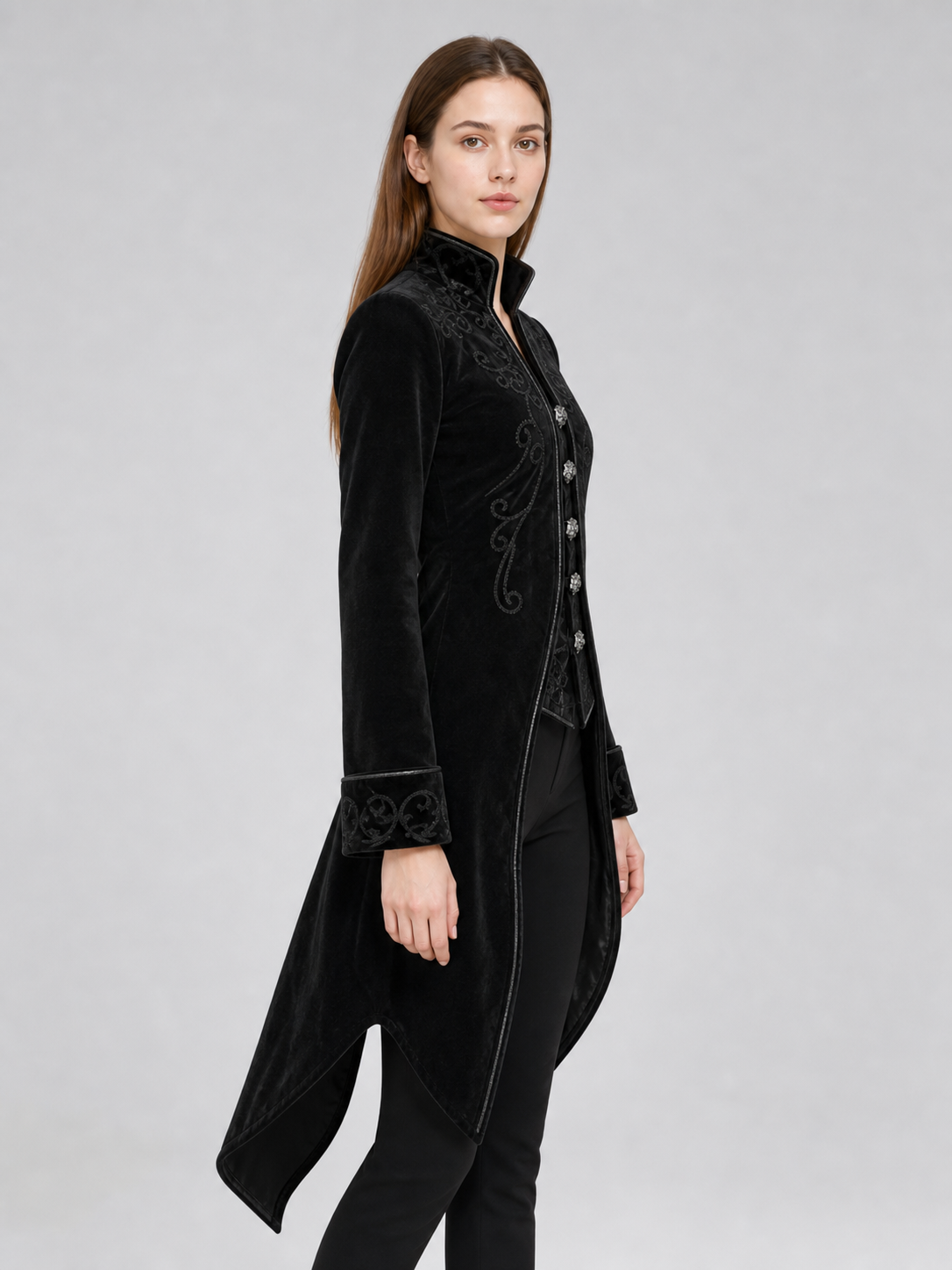 Black embroidered coat with a stand-up collar and pointed tails